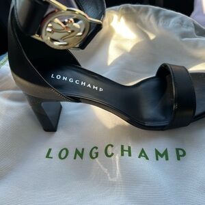 Longchamp Black Leather Mid-Heel Sandals with Gold Accent